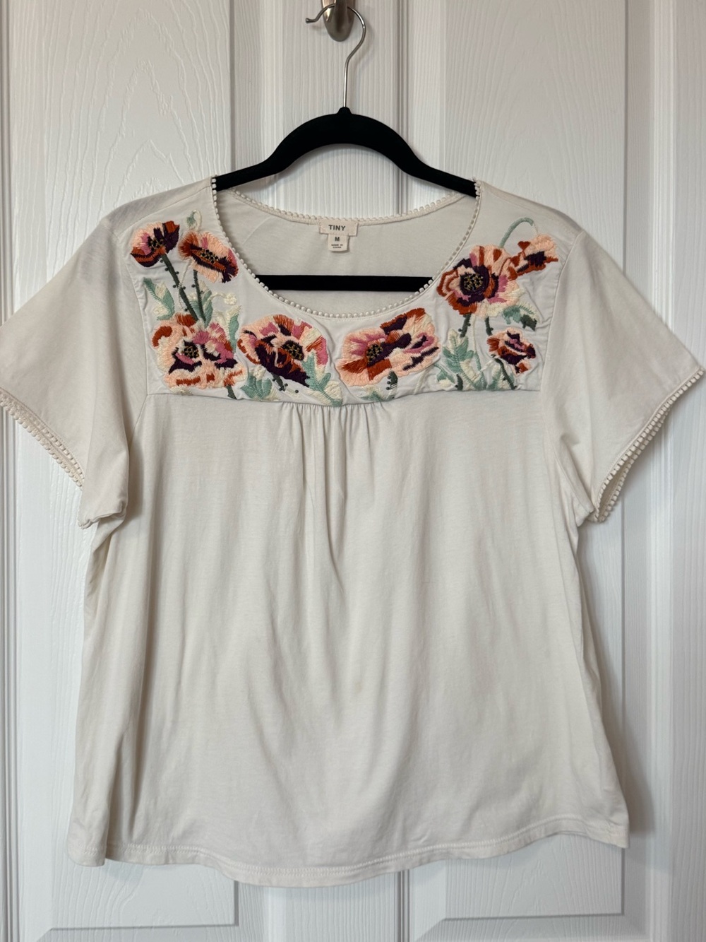 Embroidered Scoop-Neck Cream Tee by Tiny